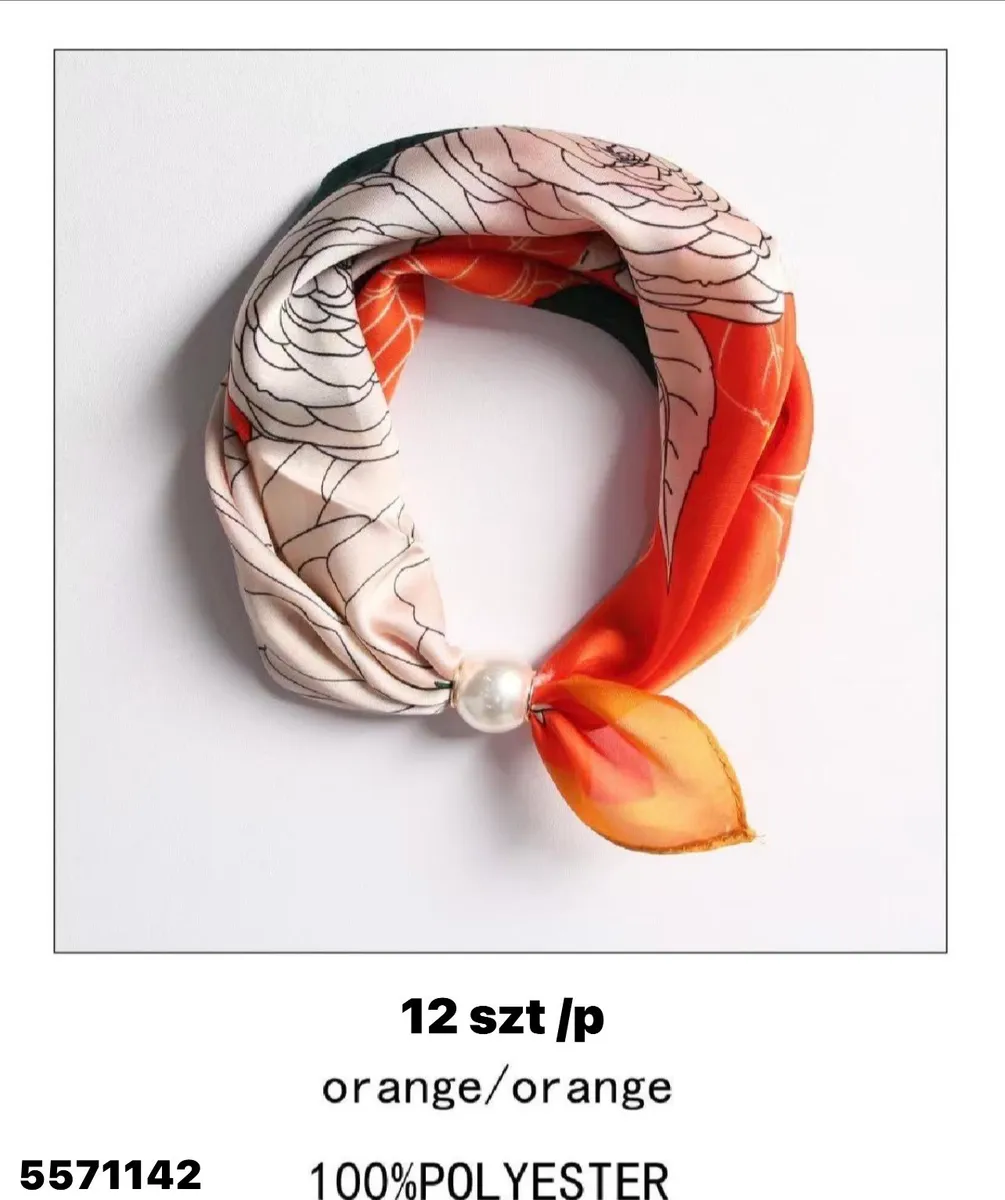 Chusta damska polyesterowa orange z perłą i kwiatami