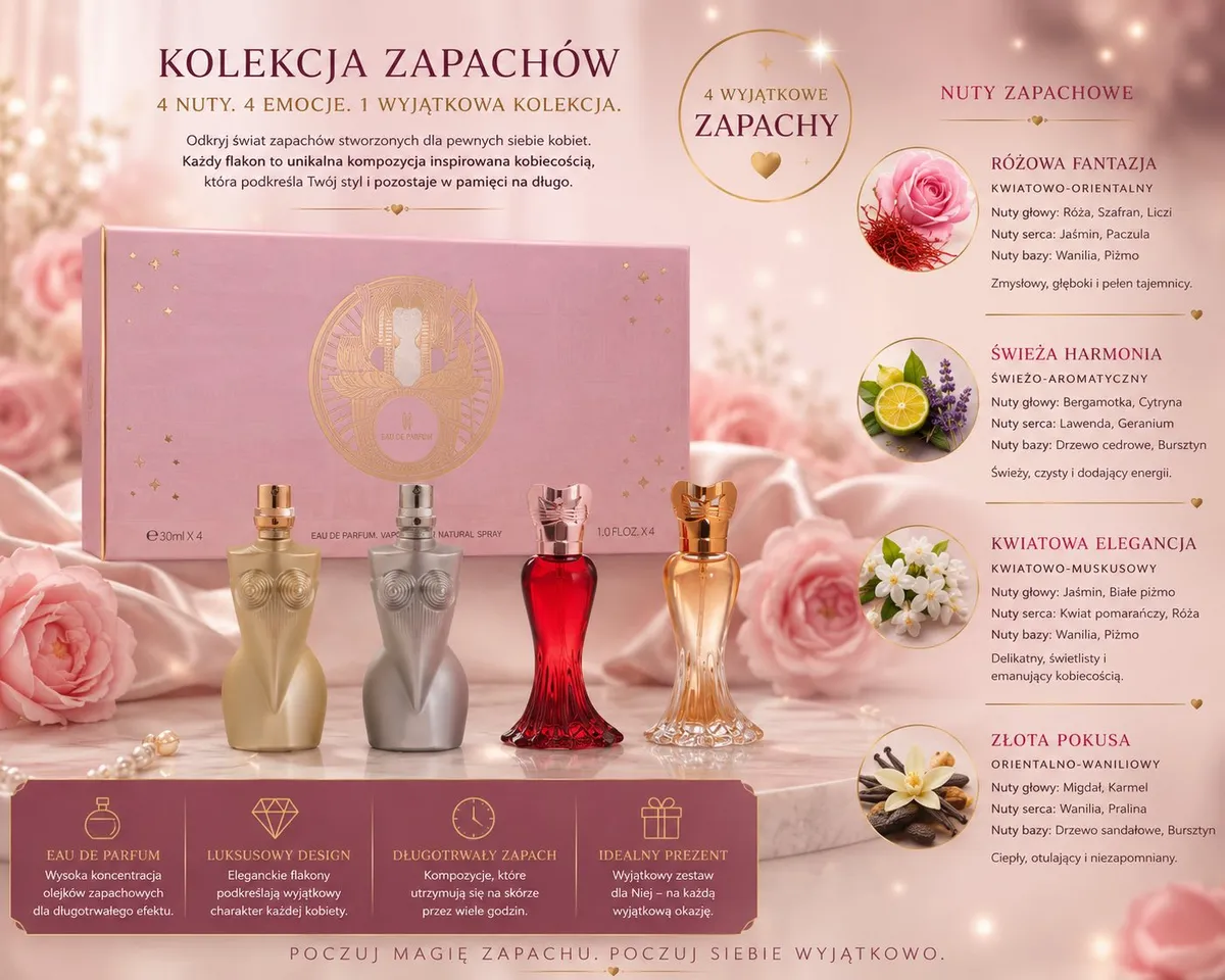 Zestaw 4 Perfum 30ml Różowa Fantazja Kwiat Elegancja Złota Pokusa