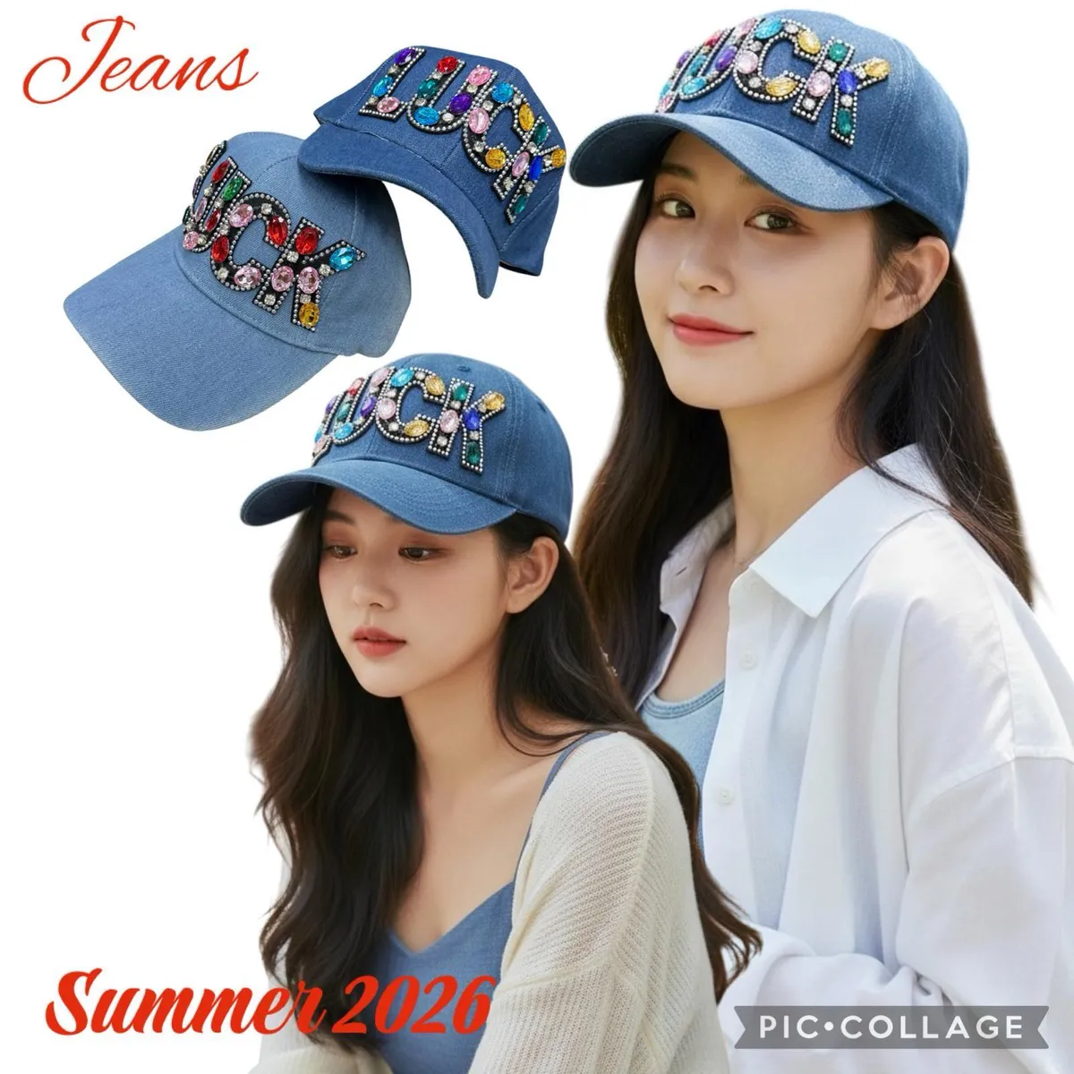 Czapka Jeansowa Denim Niebieska z Kryształkami LUCK