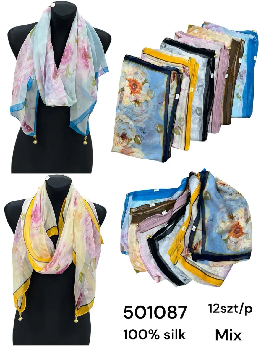 Chusty jedwabne 100% silk kwiatowy print mix 12 szt