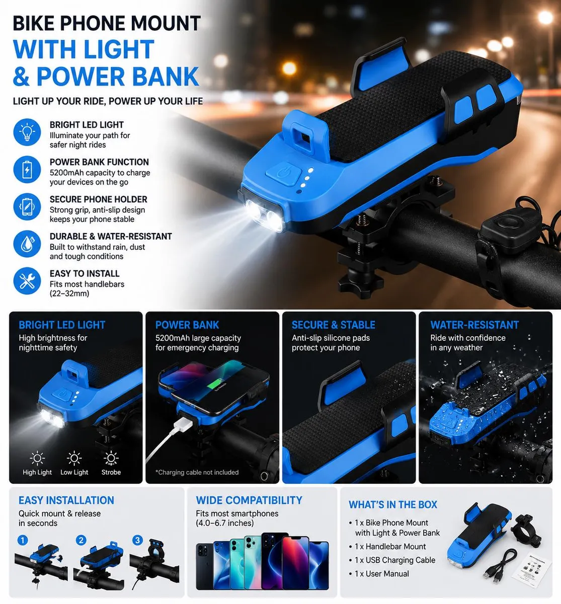 Uchwyt Rowerowy na Telefon z Powerbankiem 5200mAh i Lampką LED