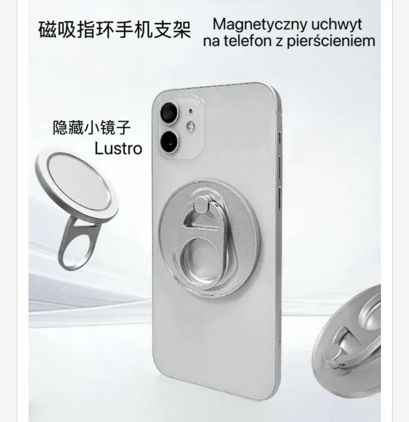 Magnetyczny uchwyt na telefon z pierścieniem i lusterkiem srebrny