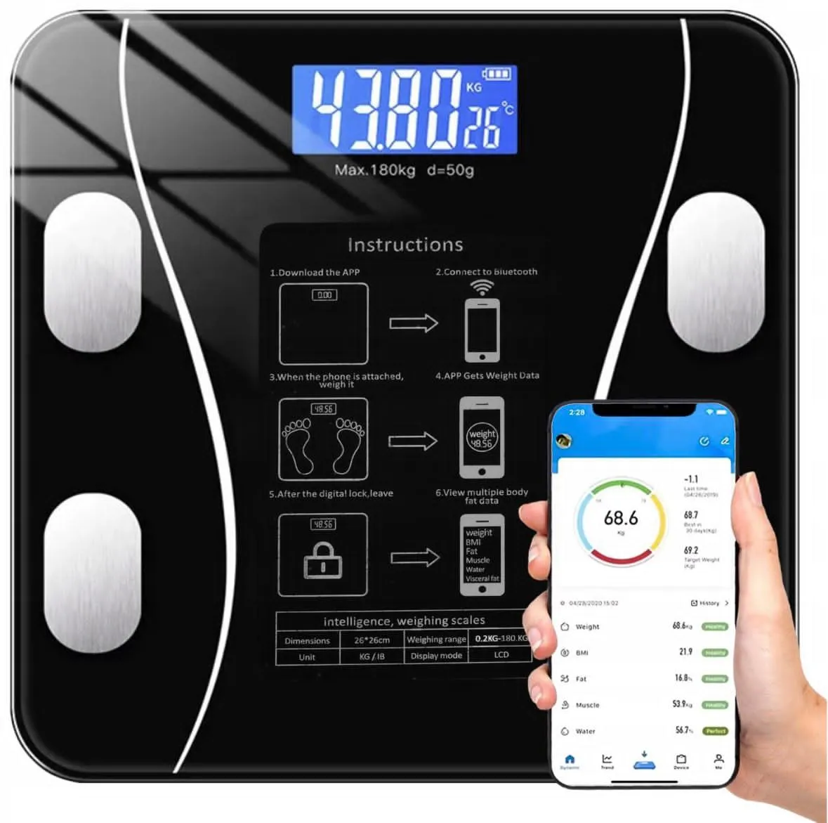 Elektroniczna Waga Łazienkowa Bluetooth 180kg Czarna Inteligentna