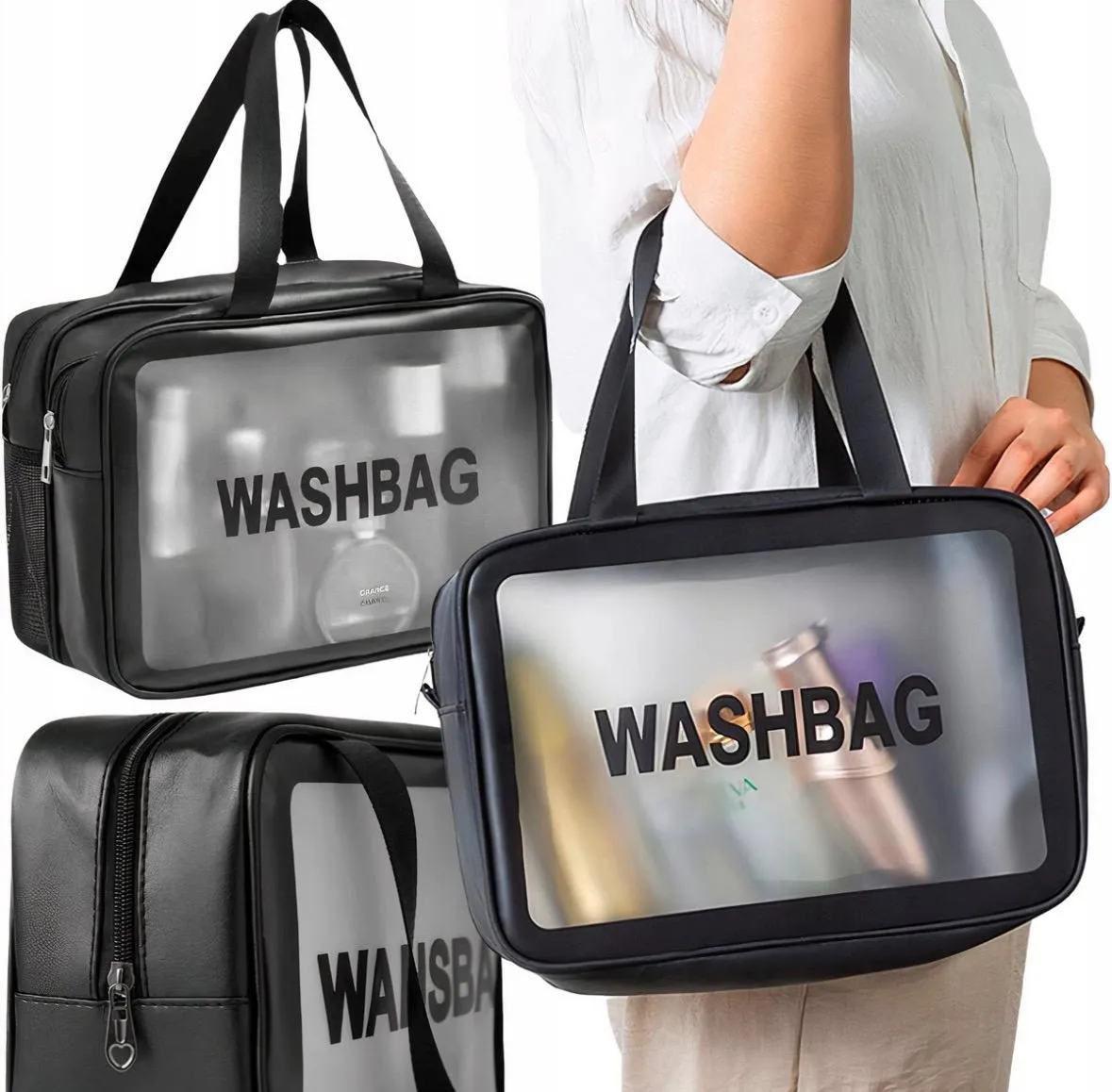 Duża Przezroczysta Kosmetyczka Podróżna WASHBAG Czarna