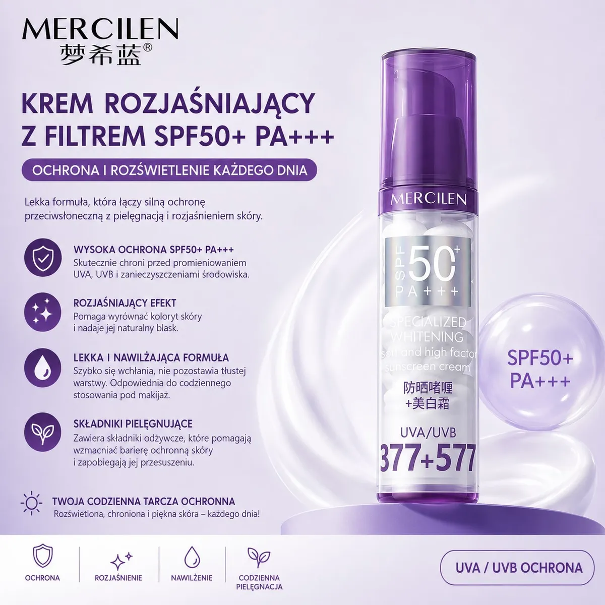 Krem Rozjaśniający MERCILEN SPF50+ PA+++ Ochrona i Blask