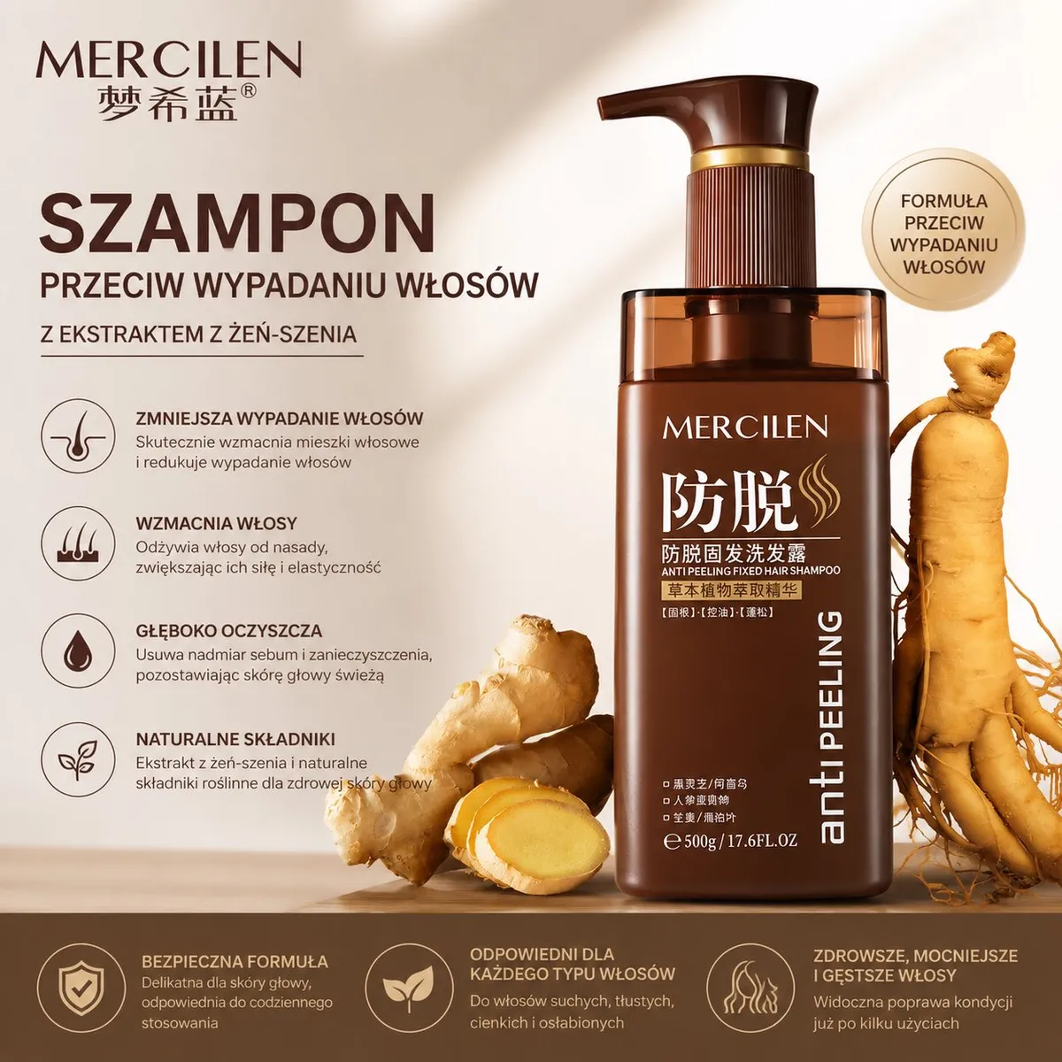 Szampon Mercilen z Żeń-Szeniem Przeciw Wypadaniu Włosów 500g