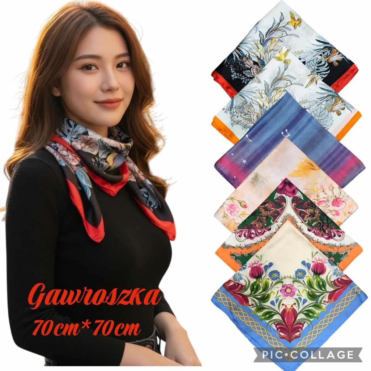 Elegancka Gawroszka Damska Satynowa 70x70cm Wzory Kwiatowe