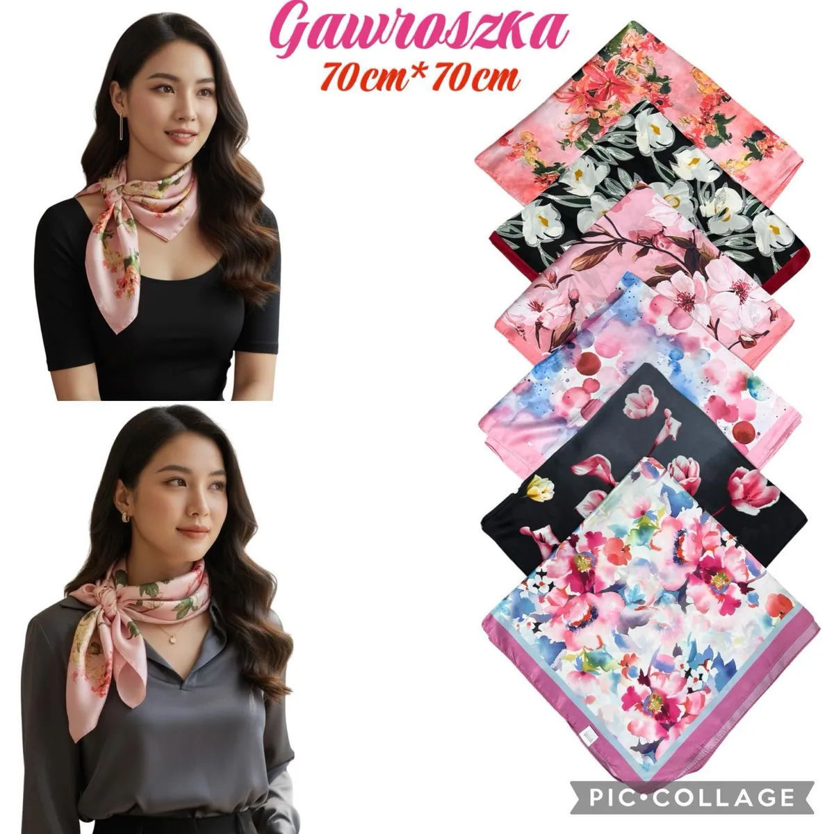 Elegancka Gawroszka Damska Satynowa 70x70cm w Kwiatowe Wzory