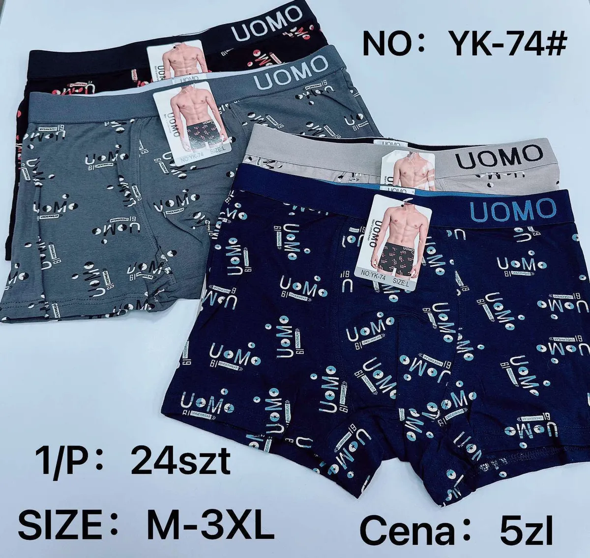 Bokserki męskie UOMO z nadrukiem zestaw 24 sztuki rozmiar M-3XL