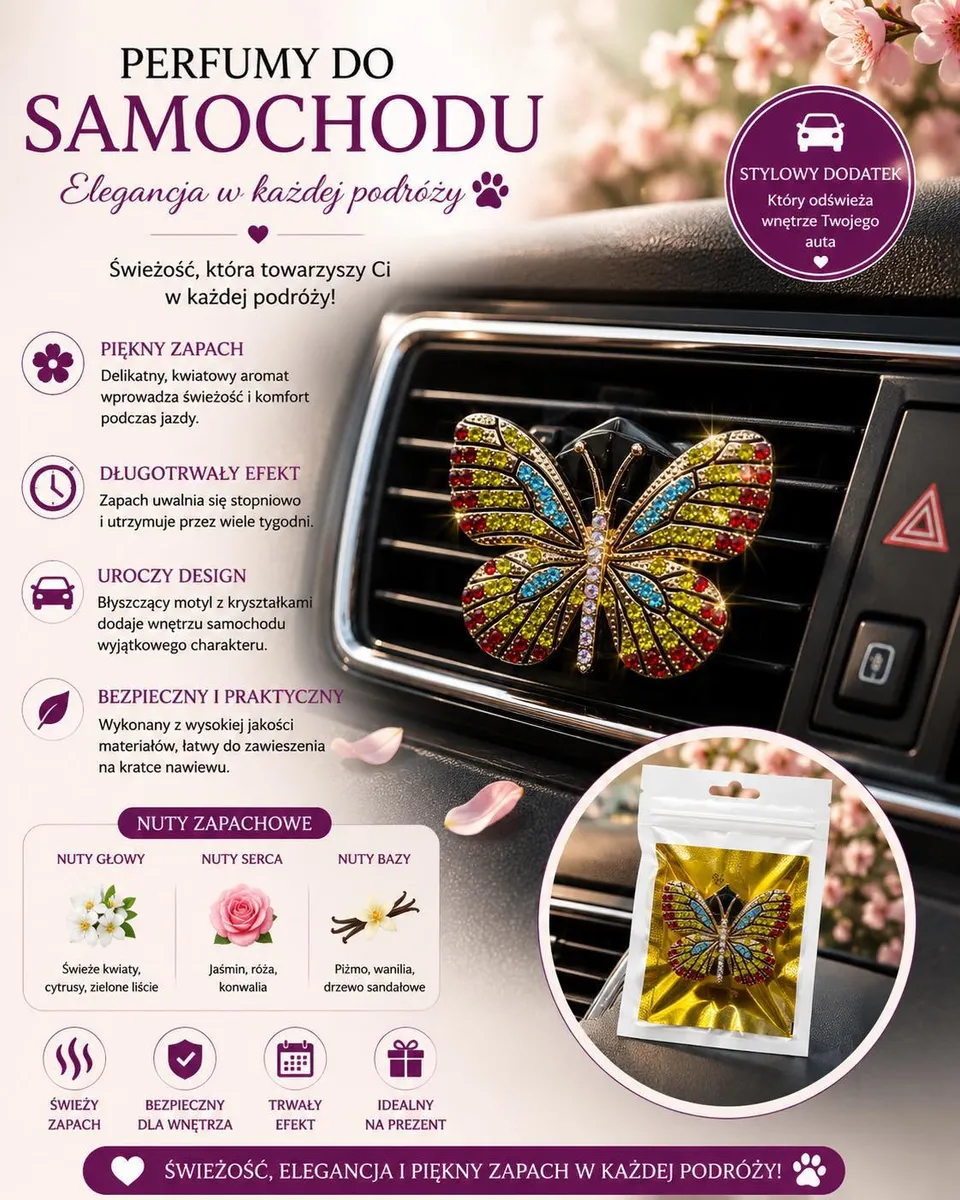 Zapach samochodowy Motyl z kryształkami ozdobny odświeżacz