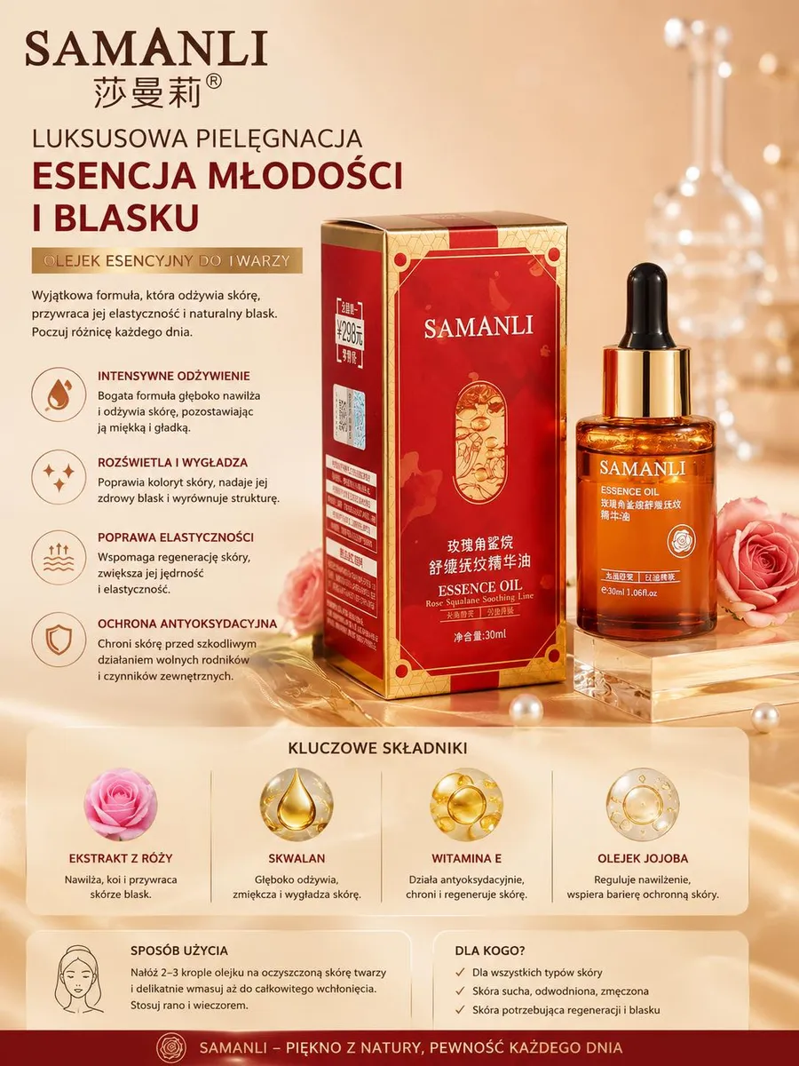 Luksusowy Olejek do Twarzy Samanli z Ekstraktem z Róży 30ml
