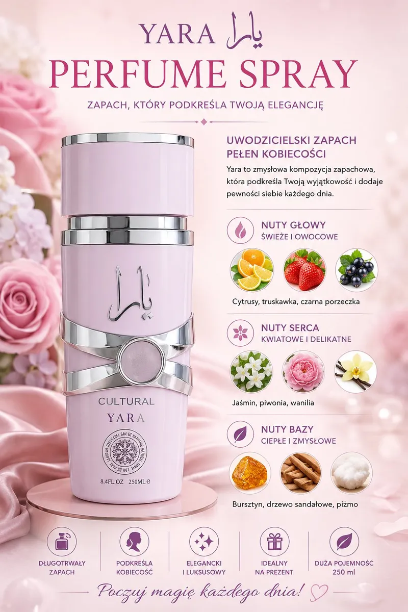 Woda Perfumowana YARA Perfume Spray 250ml Damska Kwiatowo-Owocowa