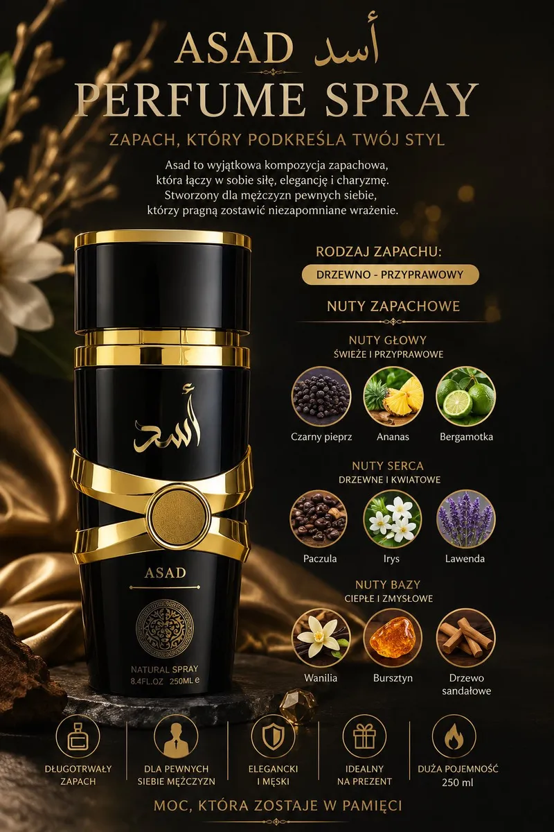 Woda Perfumowana ASAD Męska 250ml Drzewno-Przyprawowa