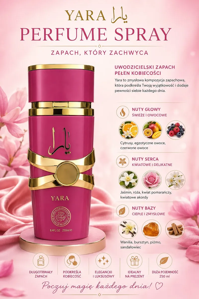 Yara Perfume Spray 250ml Damski Zapach Kwiatowo-Owocowy
