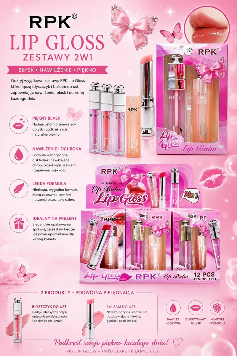 Zestaw Kosmetyków RPK Lip Gloss 2w1 Błyszczyk i Balsam do Ust