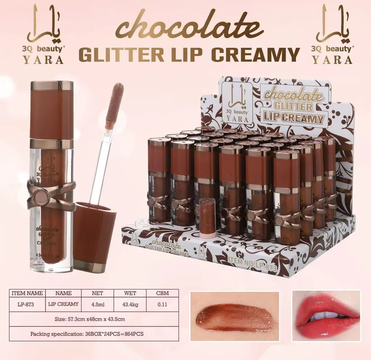 Błyszczyk do ust 3Q Beauty Yara Chocolate Glitter Creamy 4.5ml