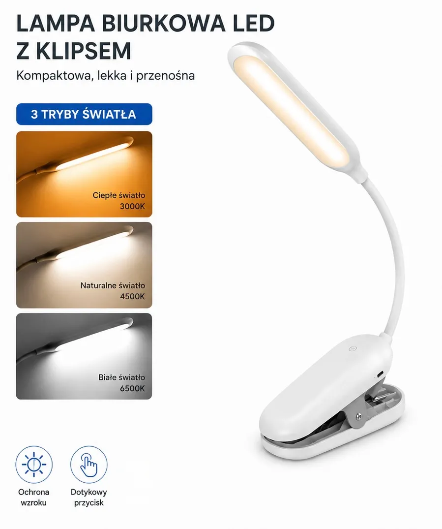 Lampa Biurkowa LED z Klipsem 3 Tryby Światła Biała