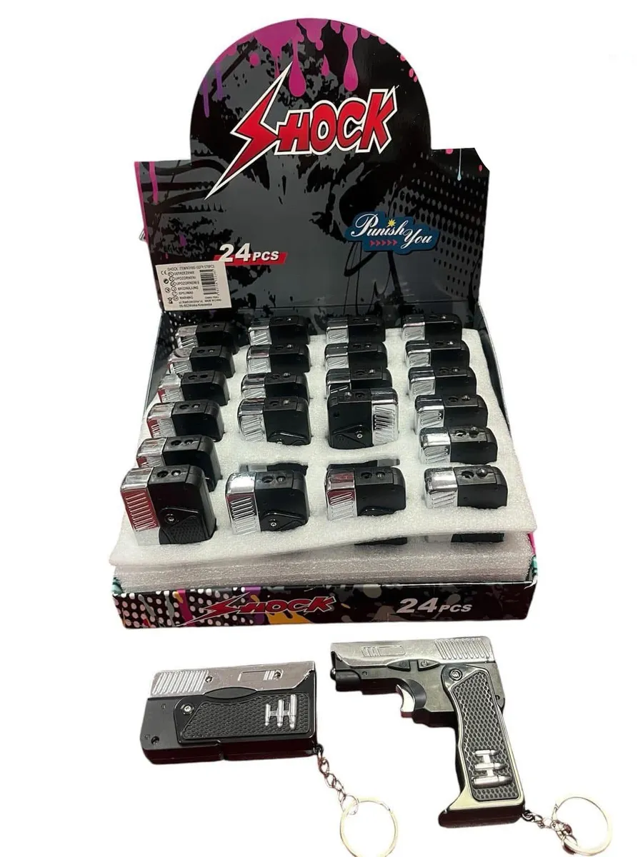 Zapalniczka Brelok Pistolet Shock Metaliczna Czarna 24 szt.