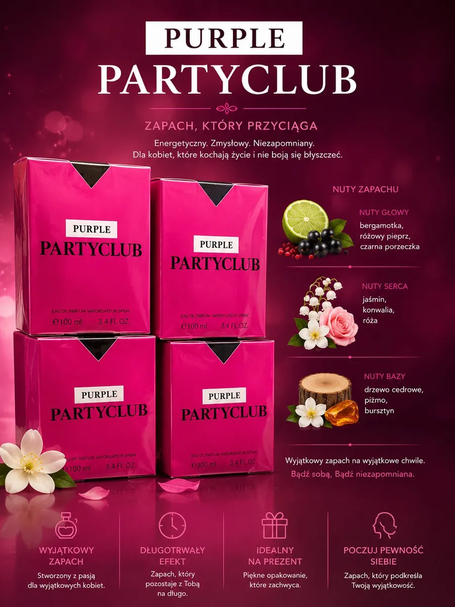 Woda Perfumowana Damska Purple Partyclub 100ml Kwiatowo-Owocowa