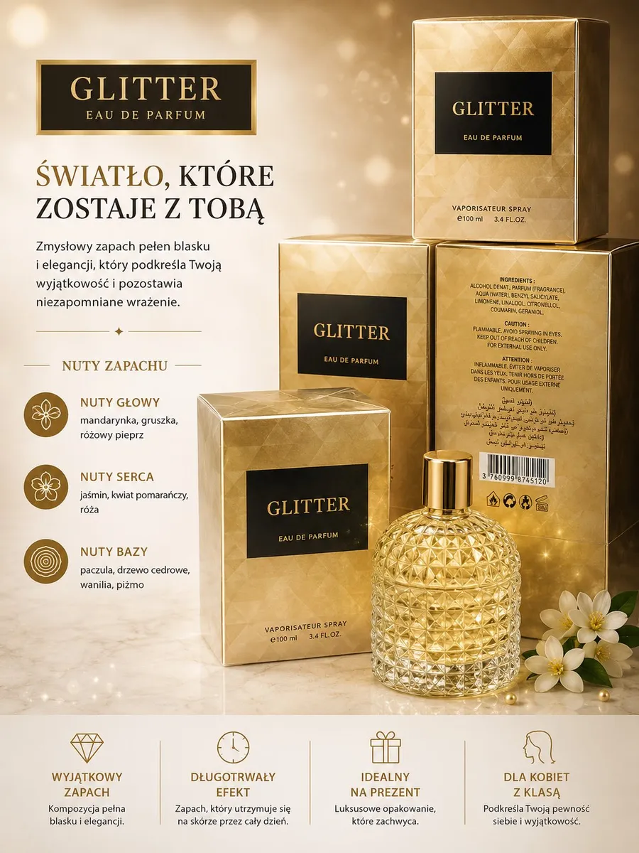 Woda Perfumowana Glitter 100ml Damska Elegancka Złota
