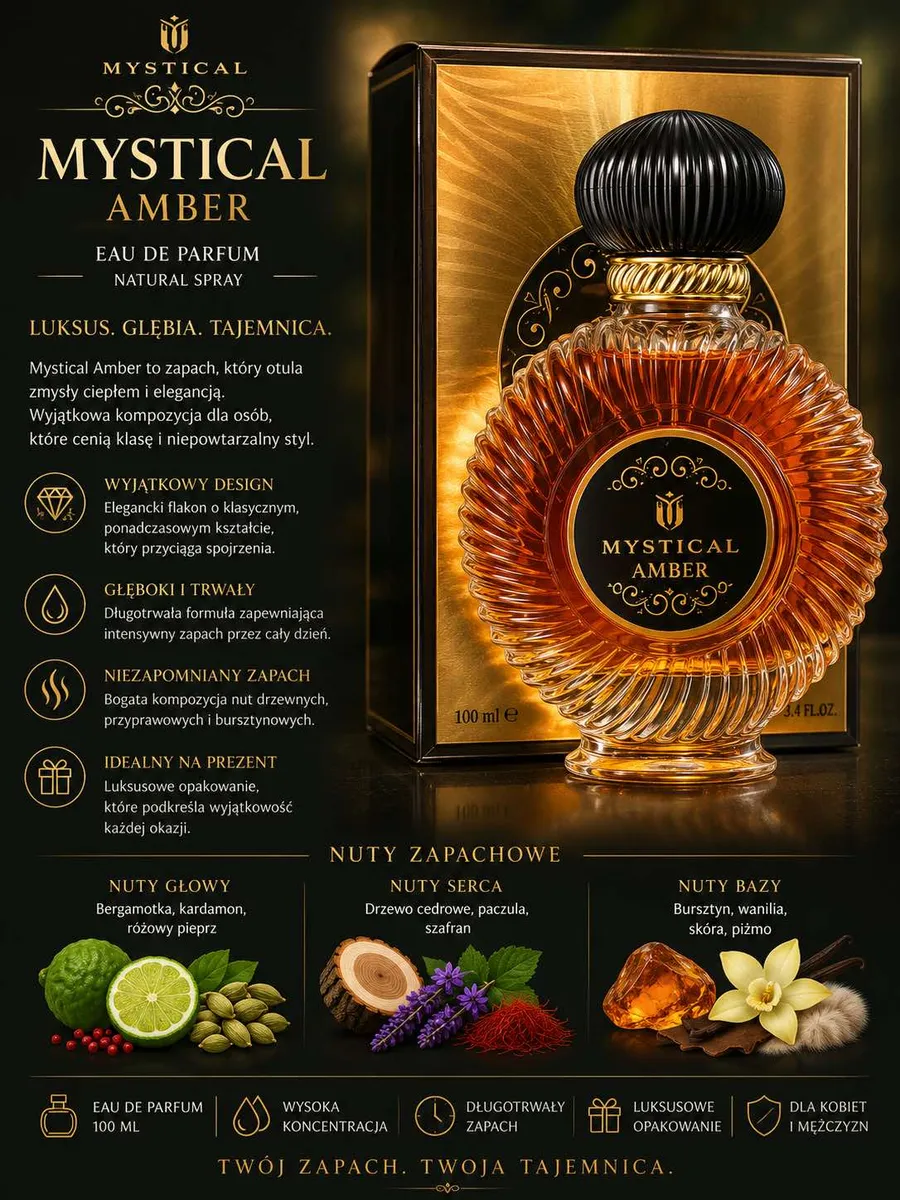Woda perfumowana Mystical Amber 100ml unisex bursztynowo-drzewna
