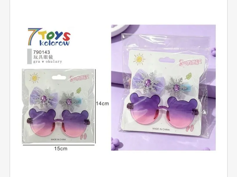 Okulary przeciwsłoneczne dziecięce fioletowe z kokardkami 15cm