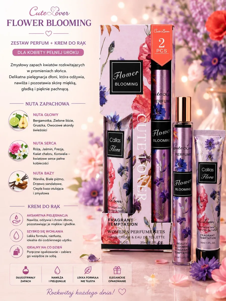 Zestaw Perfum Flower Blooming + Krem do Rąk Cute Lover 2 szt