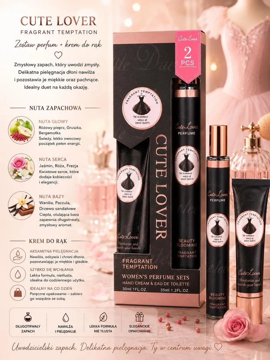 Zestaw Perfum Cute Lover Fragrant Temptation z Kremem do Rąk 2 szt