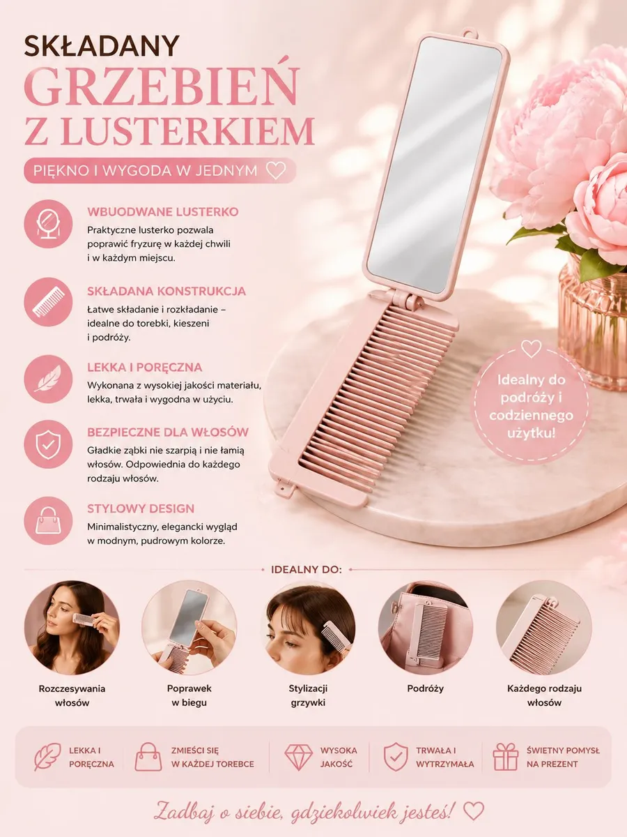 Składany Grzebień z Lustrem Pudrowy Róż 16cm