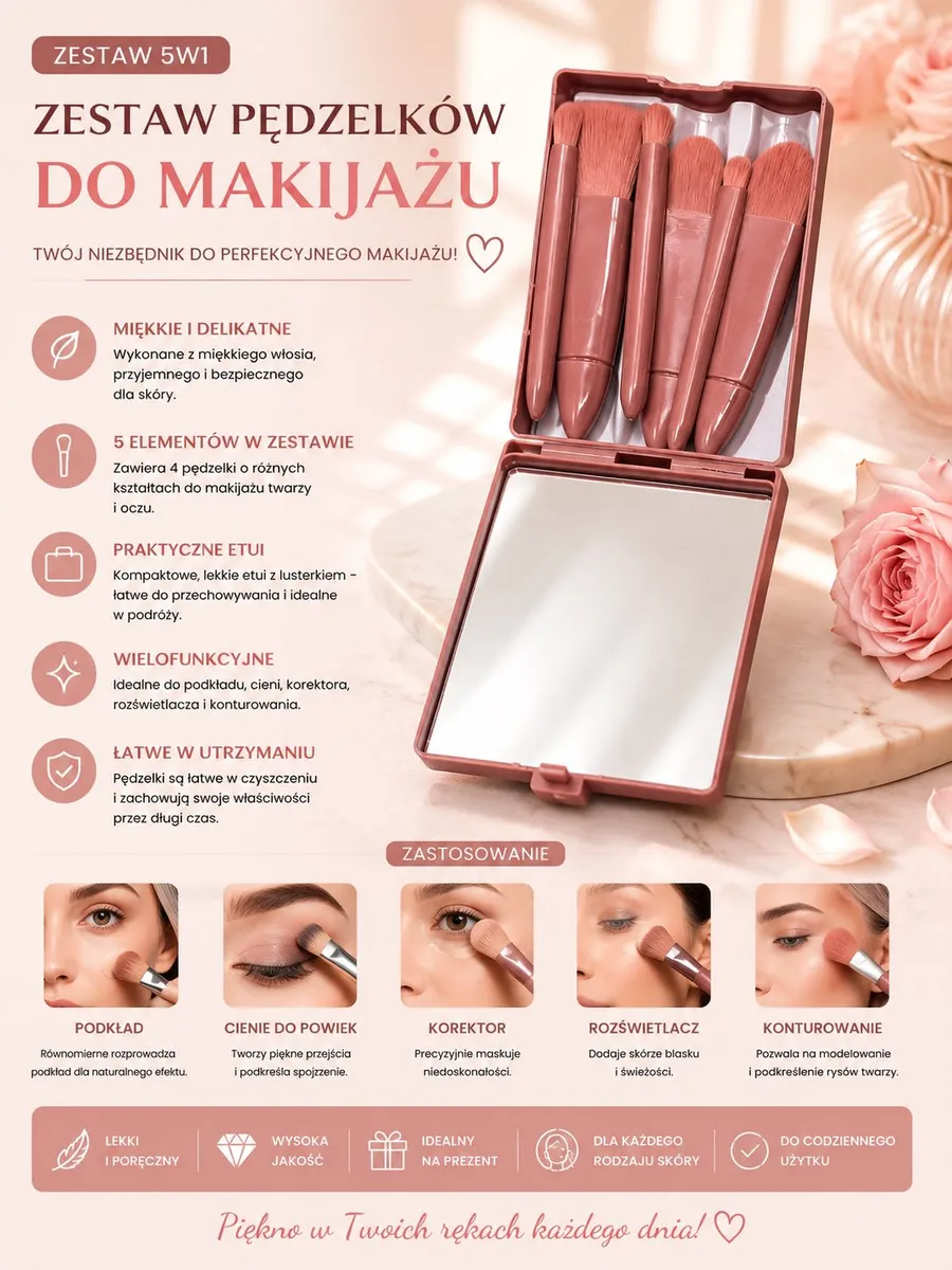 Zestaw pędzelków do makijażu 5w1 nude z etui i lusterkiem