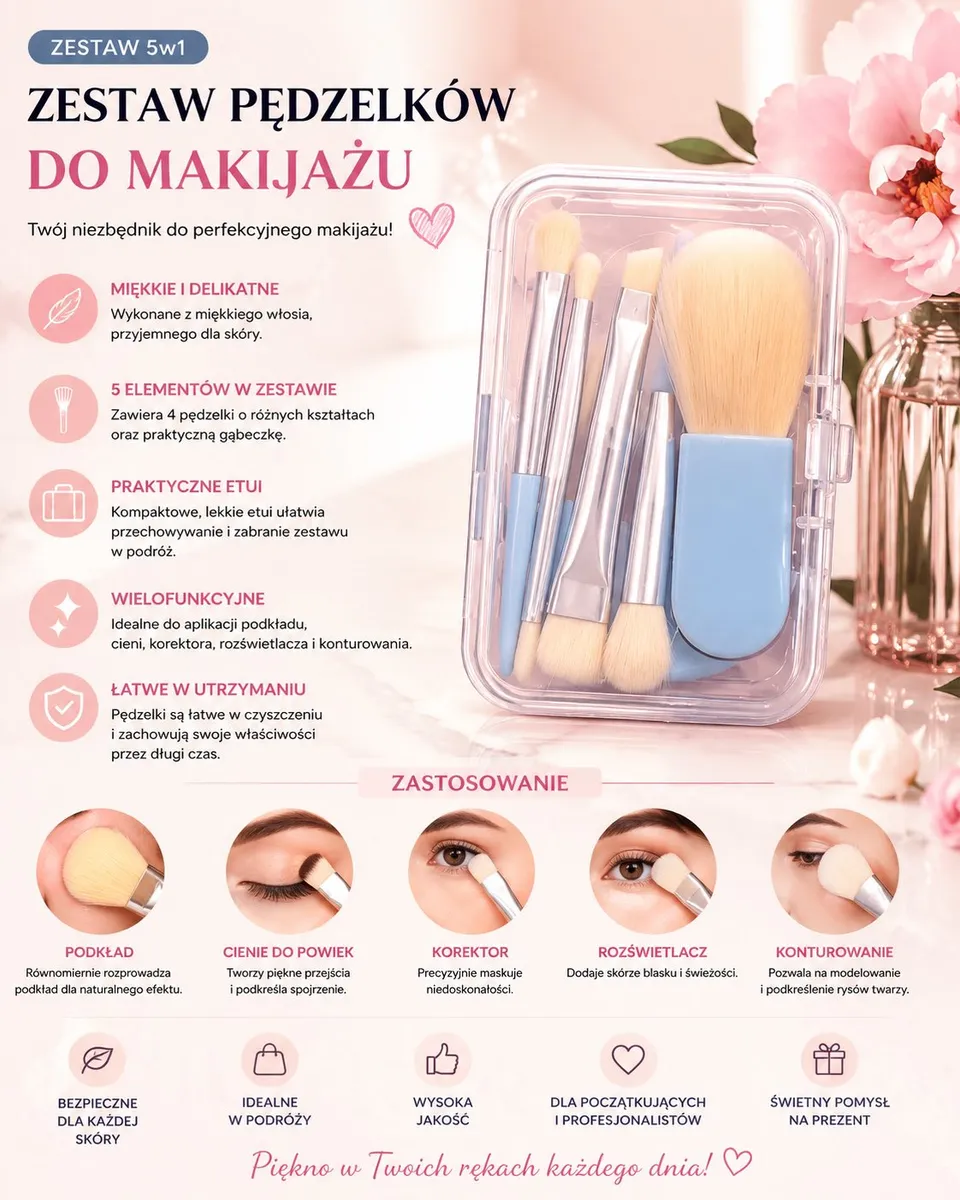 Zestaw Pędzelków do Makijażu 5w1 z Gąbką w Etui