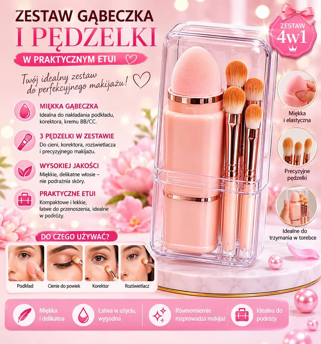 Zestaw Gąbeczka i Pędzelki do Makijażu 4w1 w Etui Pudrowy Róż