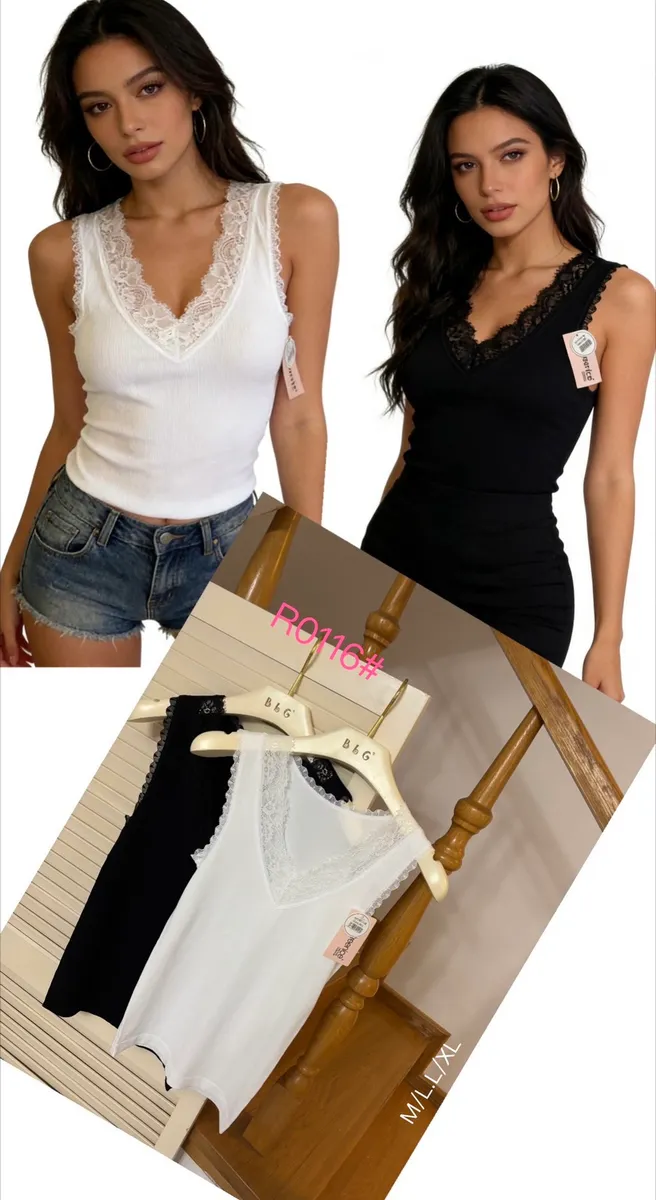 Koszulka damska z koronką V-neck biała i czarna