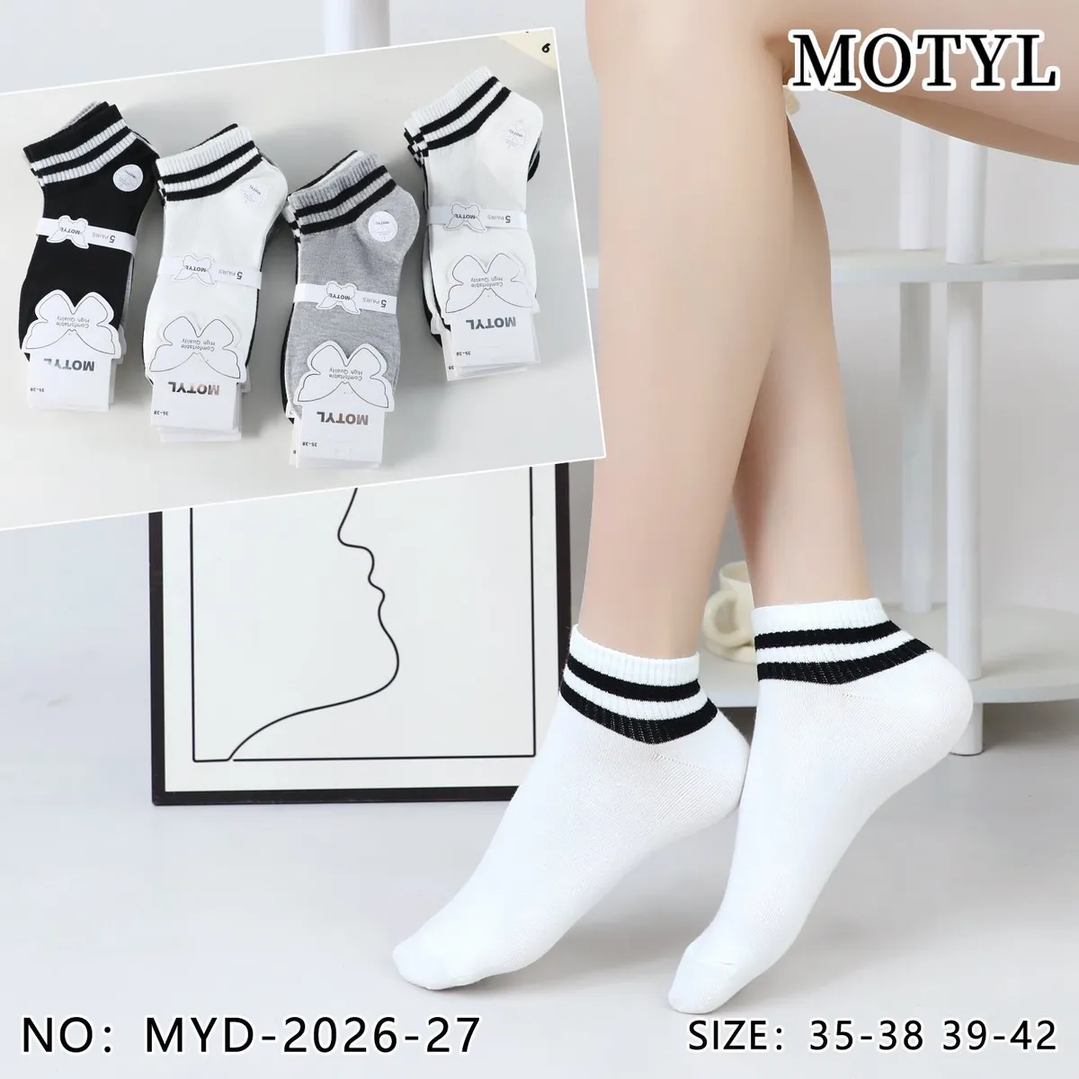 Skarpety Motyl Sportowe Białe z Paskami 35-42