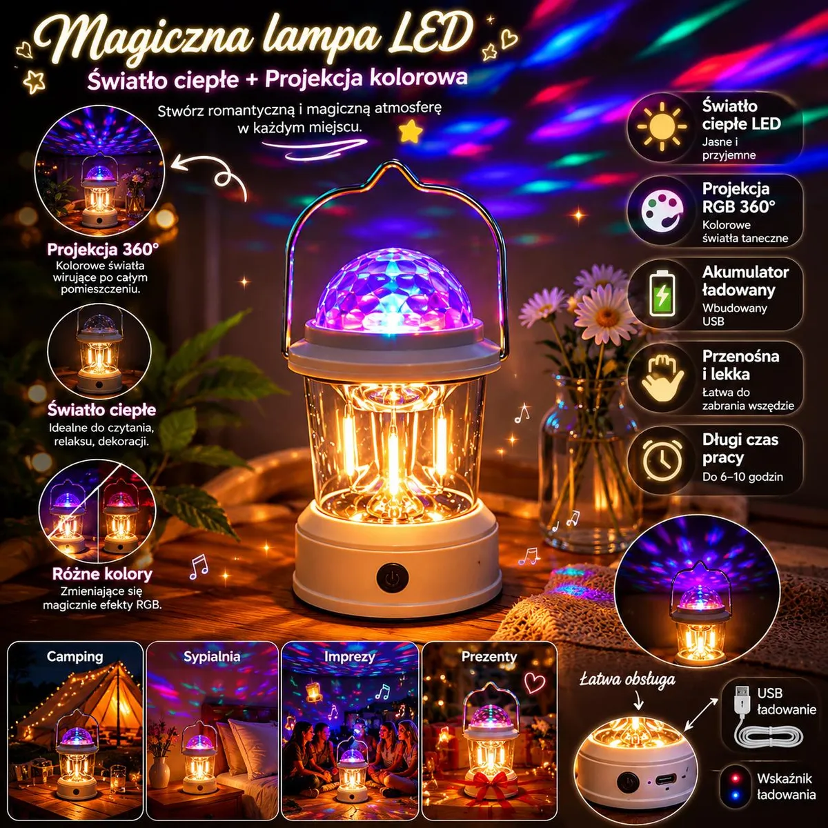 Ładowalna Lampa Kempingowa LED RGB z Projekcją 360°