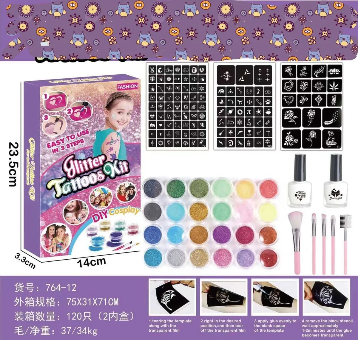 Zestaw Glitter Tattoos Kit DIY z brokatem i szablonami