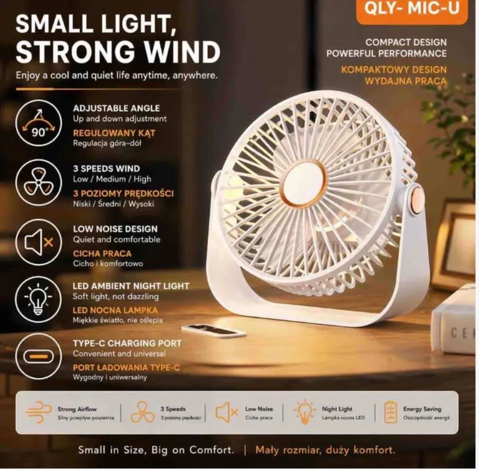 Wentylator USB QLY-MIC-U Biały 3-stopniowy z Lampką LED