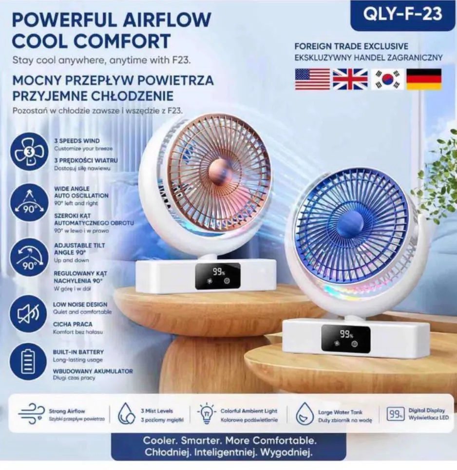 Wentylator biurkowy USB z nawilżaczem i LED QL Y-F-23 biały
