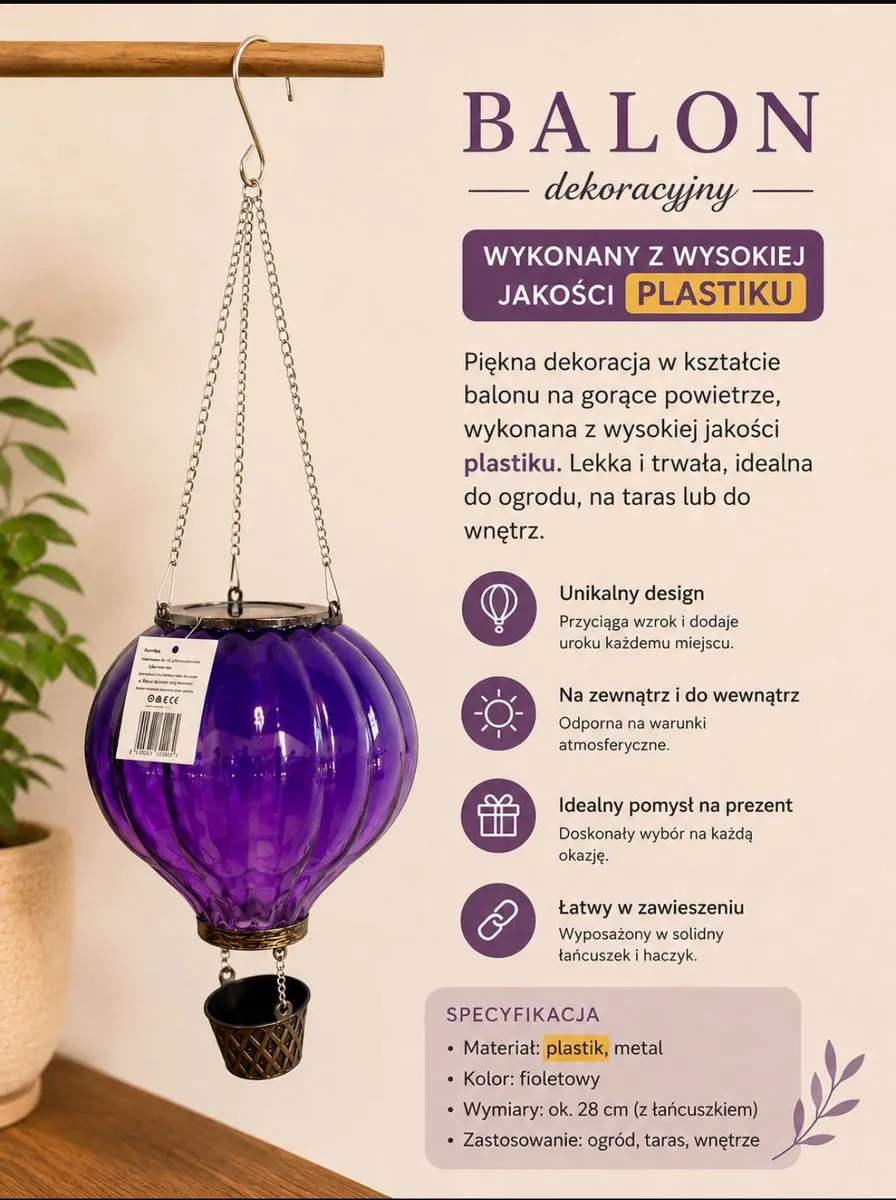 Balon Dekoracyjny Fioletowy 28cm z Łańcuszkiem