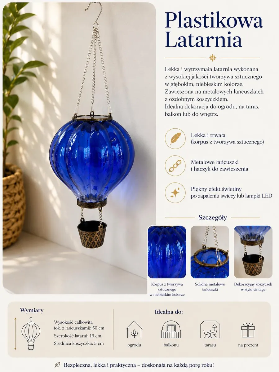 Plastikowa Latarnia LED Niebieska 50cm z Łańcuszkiem
