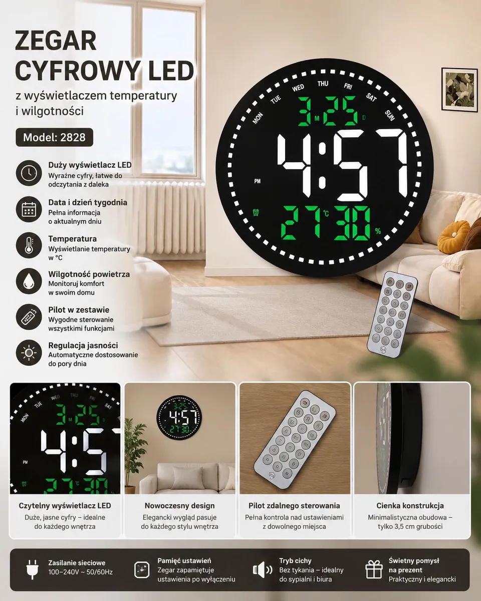 Duży Zegar Cyfrowy LED 28cm z Termometrem i Pilotem