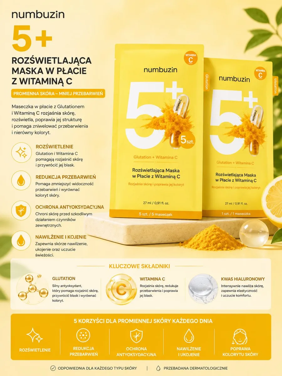 Numbuzin 5+ Rozświetlająca Maska w Płacie z Witaminą C 27ml