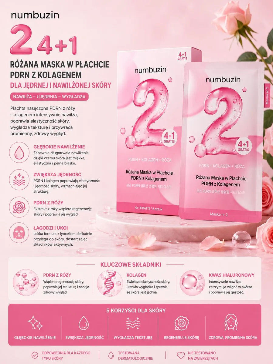 Różana Maska w Płachcie PDRN z Kolagenem Numbuzin 4+1