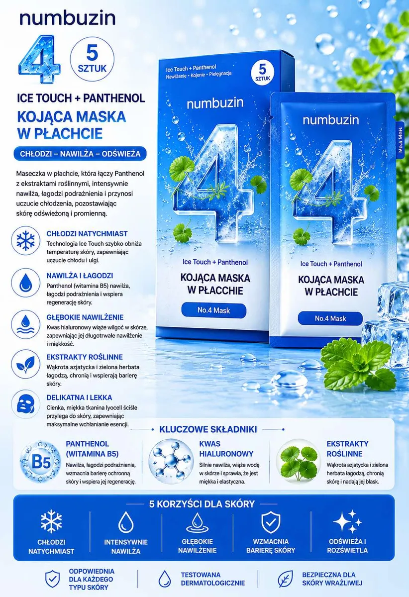 numbuzin No.4 Ice Touch + Panthenol Kojąca Maska w Płachcie 5 szt