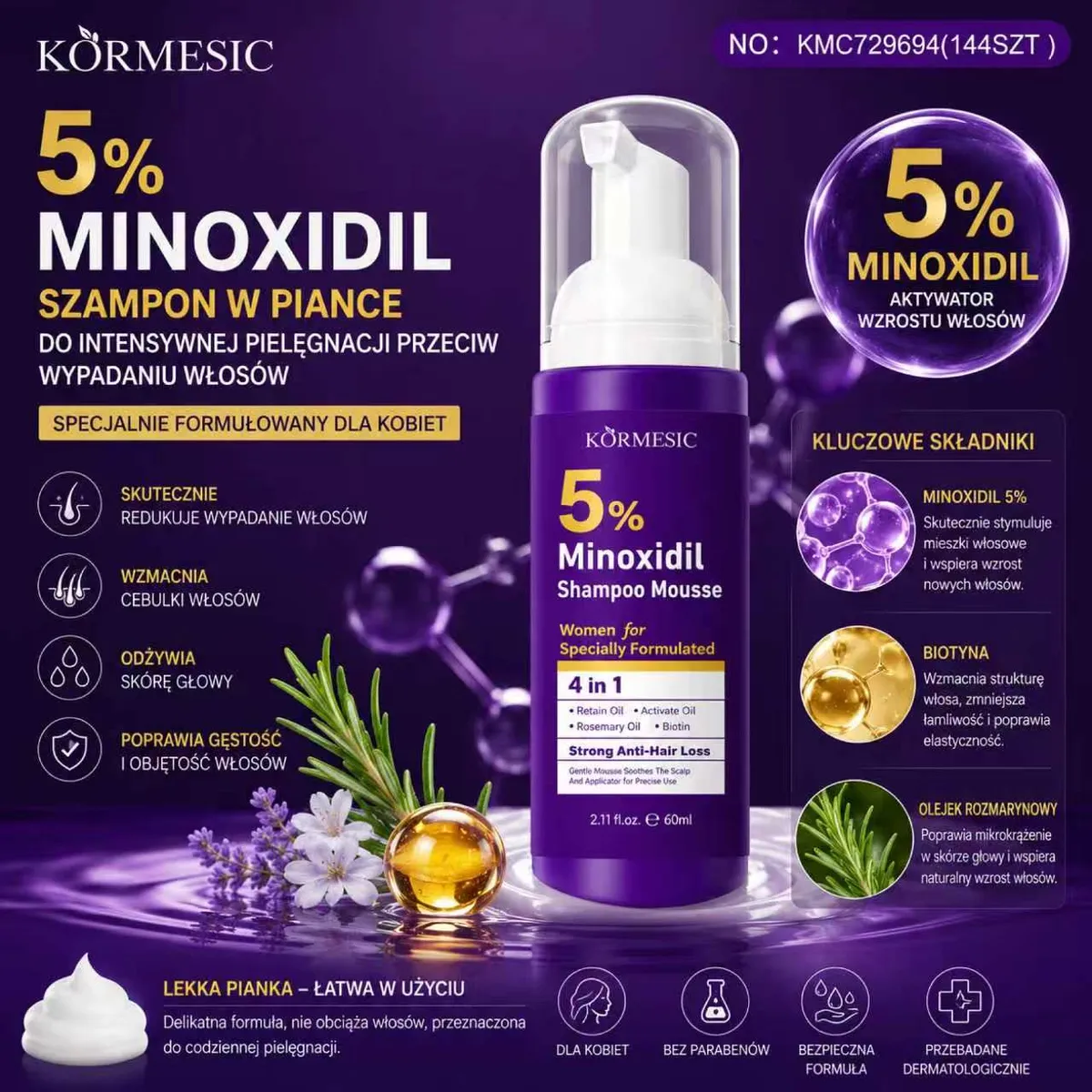 Szampon w piance KÖRMESIC 5% Minoxidil 60ml dla kobiet