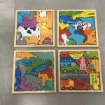 Drewniane puzzle edukacyjne 17x17 cm z motywem zwierząt i pojazdów