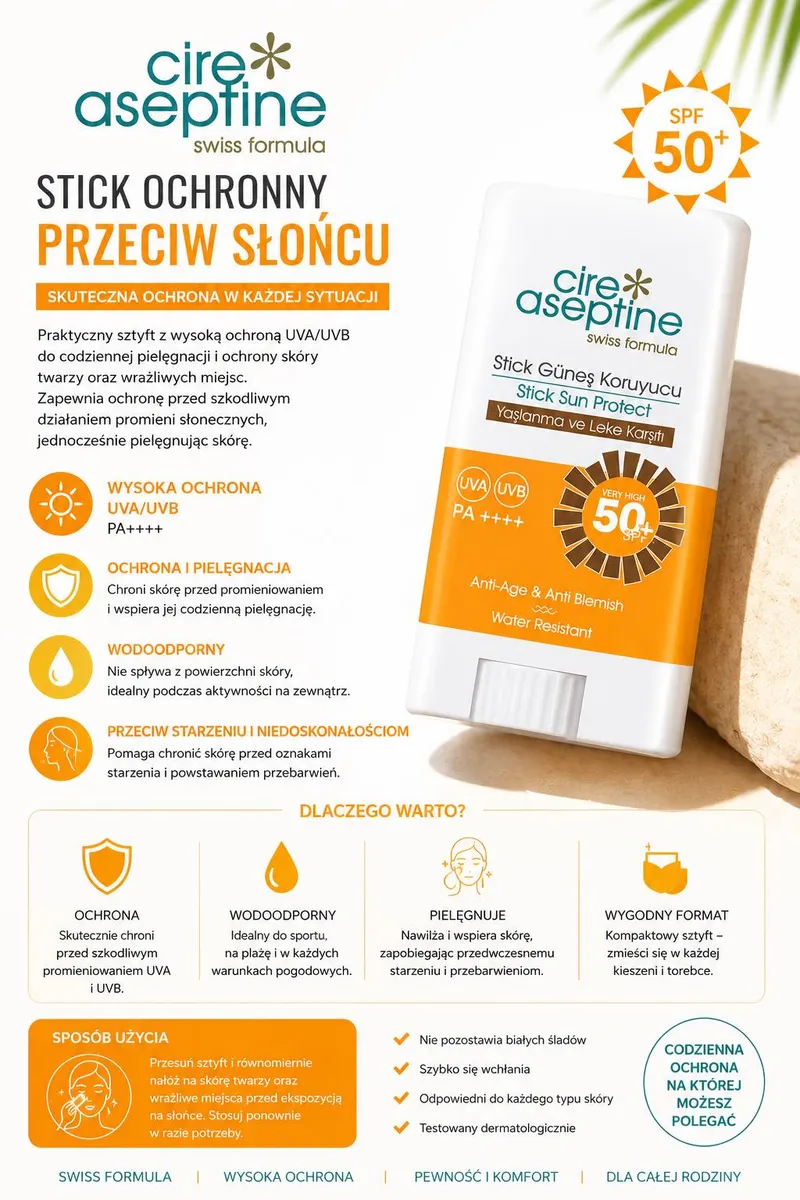 Stick ochronny przeciw słońcu SPF 50+ wodoodporny pielęgnujący WK50626