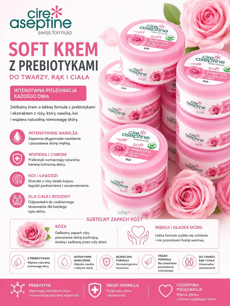 Soft Krem z Prebiotykami do Twarzy, Rąk i Ciała o Zapachu Róży WK50626