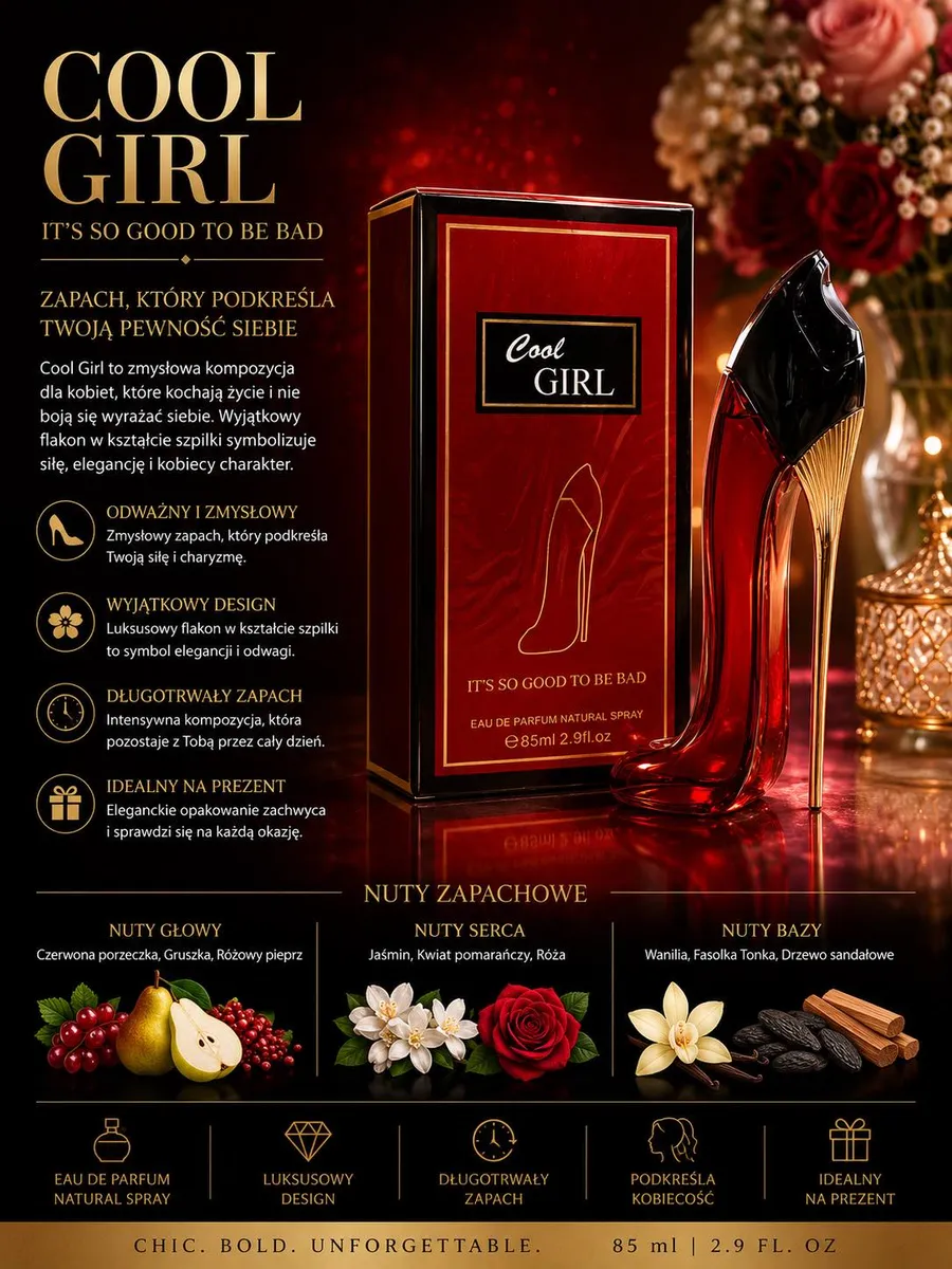 Cool Girl Perfumy Damskie 85 ml Flakon Szpilka Czerwony WK50626-42