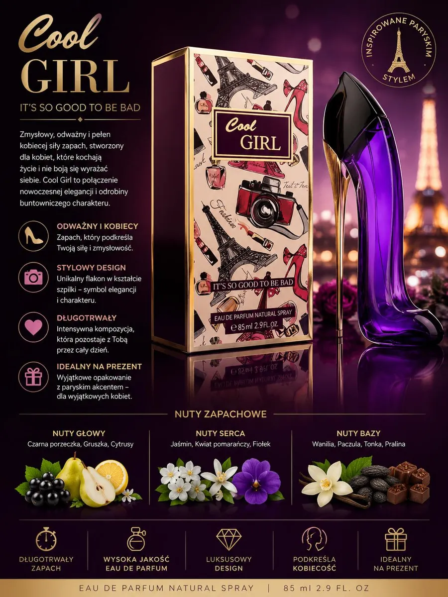 Cool Girl Perfumy Damskie 85 ml Fioletowy Flakon Szpilka WK50626-45